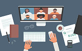 istock Flat vector illustration of person at desk using computer for video call 1276538389
