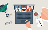 istock Flat vector illustration of person at desk using computer for video call 1276538839