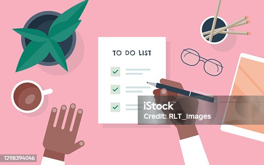 istock Flat vector illustration of person checking to do list at desk 1298394046