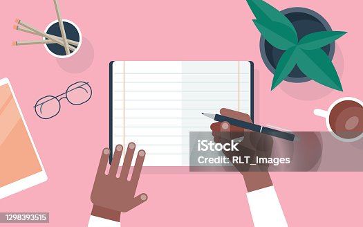 istock Flat vector illustration of person writing in notebook at desk 1298393515