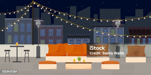 istock Flat vector illustration of rooftop terrace bar lounge at night with cozy warm couches and chairs on the background of city scape with walk-up buildings and skyscrapers. 1323437261