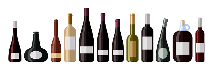 Flat vector illustration of wine bottle with label.