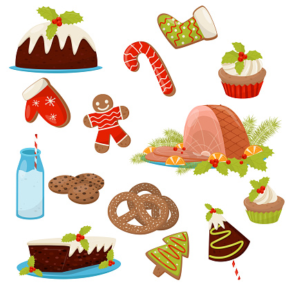 Flat Vector Set Of Christmas Food And Drinks Appetizing Ham Homemade ...