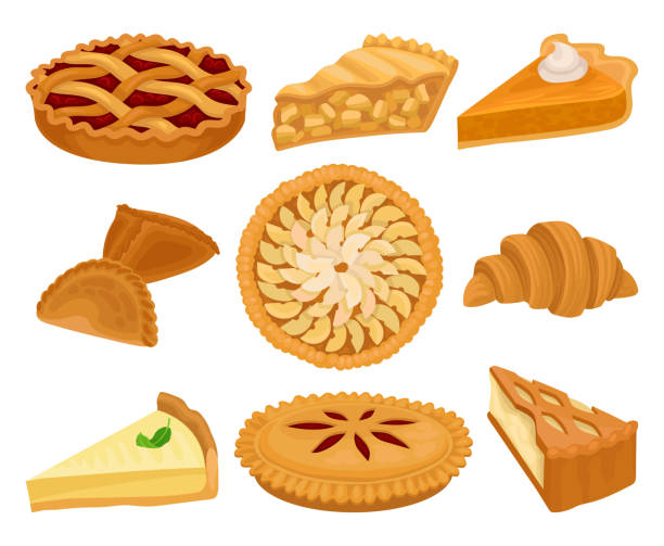 Flat vector set of delicious bakery products. Pies with different fillings, fresh croissant and cheesecake. Sweet food Set of delicious bakery products. Pies with different fillings, fresh croissant and cheesecake. Sweet food. Elements for recipe book or cafe menu. Colorful flat vector isolated on white background. sweet pie stock illustrations