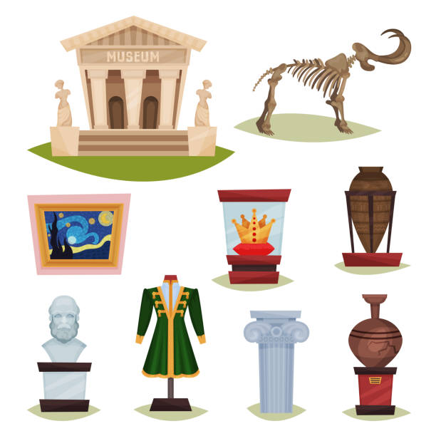 Flat vector set of museum exhibits. Mammoth skeleton, ceramic vases, clothes, golden crown, famous painting and column Collection of different museum exhibits. Mammoth skeleton, ancient ceramic vases, clothes, golden crown, famous painting and Greek column. Colorful flat vector design isolated on white background. museum stock illustrations