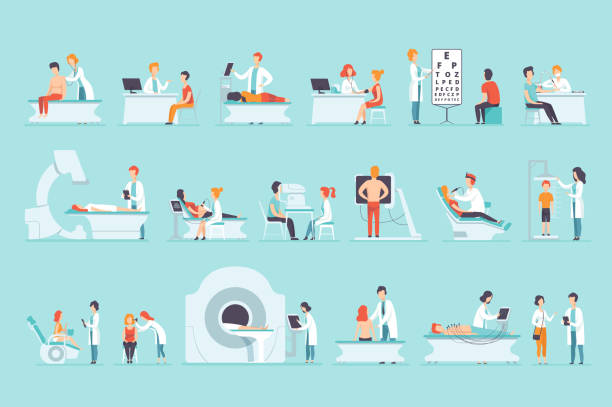 Flat vector set of people on medical examination. Doctors and patients. Professionals at work. Healthcare and treatment Set of people on medical examination. Doctors and patients. Medical service. Professionals at work. Healthcare and treatment. Hospital concept. Flat vector illustration isolated on blue background. eye doctor stock illustrations