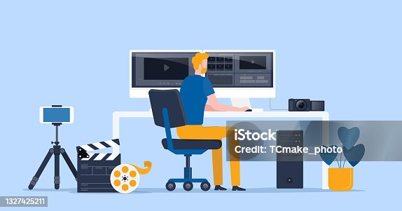 istock flat vector video production team working and editor making a video clip for online upload concept 1327425211