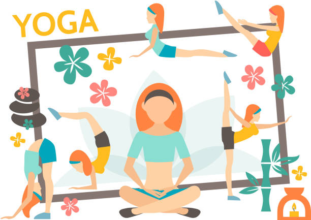 Flat Yoga Concept Flat yoga concept with slim girls meditating and exercising in different poses spa stones flowers candle bamboo rectangular frame isolated vector illustration yoga borders stock illustrations