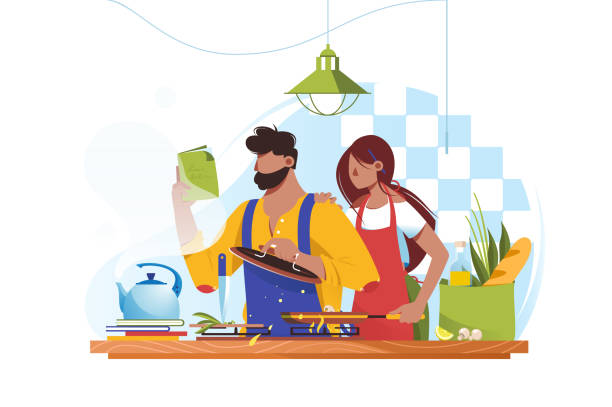 Flat young man and woman couple cooks together. Flat young man and woman couple cooks together. Concept wife and husband characters at kitchen, healthy food. Vector illustration. kitchen illustrations stock illustrations