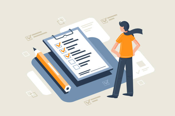 Flat young man with scarf in front table with pencil and check sheet. Flat young man with scarf in front table with pencil and check sheet. Concept successful businessman with completed tasks and future business. Vector illustration. checklist stock illustrations
