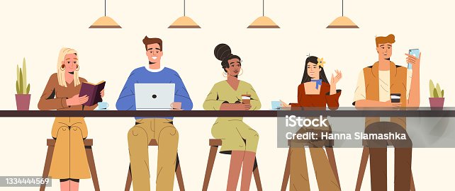 istock Flat young people communicating and working in modern coffeehouse 1334444569