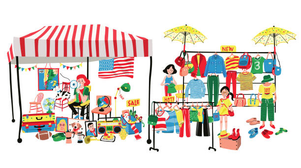 flea market People selling and shopping at flea market or marketplace,having clothes and accessories vendor and second hand shop; all in flat colorful doodle cartoon design, white background, illustration, vector garage borders stock illustrations
