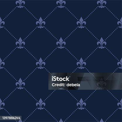 istock Fleur De Lis Navy Blue French Damask Luxury Decorative Fabric Pattern With Dotted Lines 1397886244