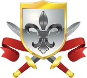 Vector illustration of a  Fleur de Lis insignia on a shield, with crossed swords and a banner.