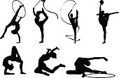 Icon set of flexible young woman doing rhythmic gymnastics with different equipment and different poses