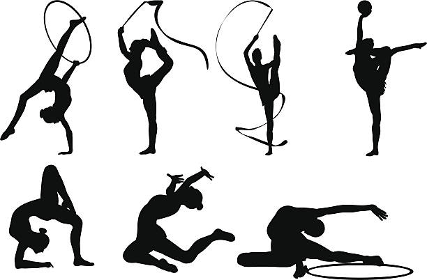 Flexible position Icon set of flexible young woman doing rhythmic gymnastics with different equipment and different poses gymnastic silhouette stock illustrations