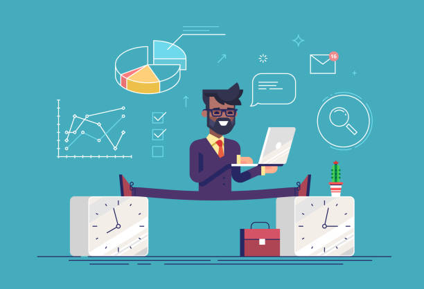Flexible work time schedule concept. Part time work. Handsome black businessman between 2 watches. Modern business character. Flat vector illustration. Flexible work time schedule concept. Part time work. Handsome black businessman between 2 watches. Modern business character. Flat vector illustration. flexibility stock illustrations