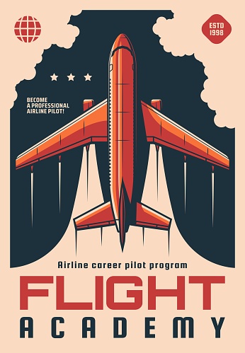 Flight academy retro vector poster. Modern plane flying in sky, airplane aviation school airline career pilot flight training program. Educational courses for aviators and fliers advertising card