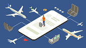 Illustration of an oversized, generic mobile phone connected to a variety of airplanes and airline seats with a traveler and his suitcase standing on the screen — to communicate the concept of an airline- or flying-related app. Vector illustration presented in isometric view on a dark blue background. Rating stars, a heart, and smiley emoticon add notes of positivity. No specific airlines or airplane manufacturers are represented.