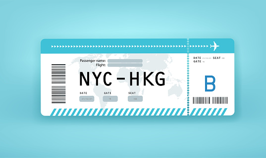 Flight paper boarding pass vector mockup. NYC to HKG. New York City to Hong Kong