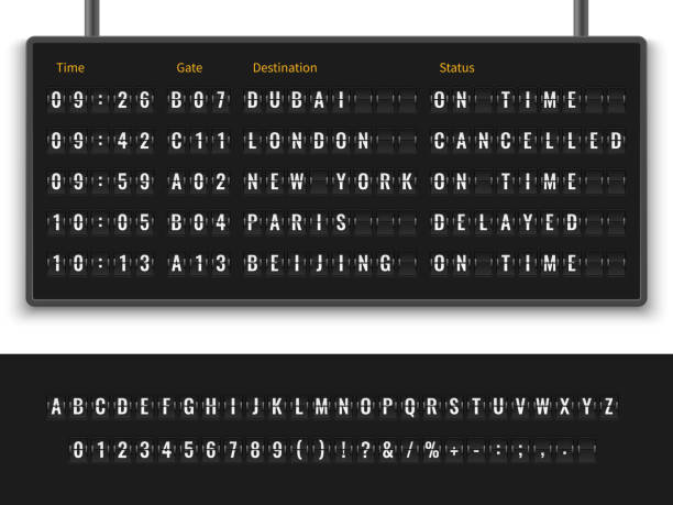 翻轉字體。機場航班板資訊面板出發目的地飛機航空公司字母表到達終端橫幅向量例證 - airport 幅插畫檔、美工圖案、卡通及圖標