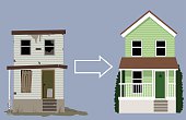 Old, rundown house turned into a nice new two-storey home, EPS 8 vector illustration
