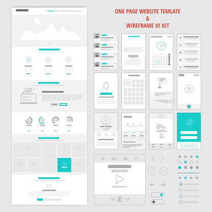 Fllat responsive one page website template and mobile app wireframe kit. Vector