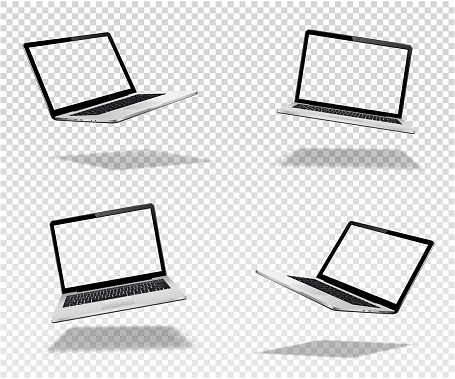 Set of vector float or levitate laptops with transparent screen isolated on transparent background. Perspective and front view with blank screen.