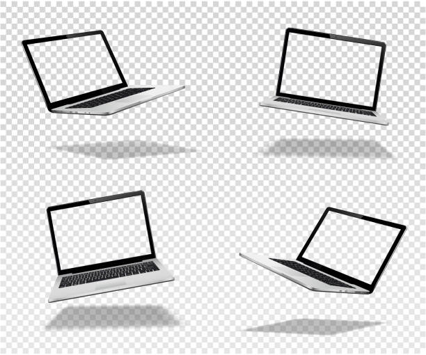 Float or levitate laptop mock up with transparent screen isolated Set of vector float or levitate laptops with transparent screen isolated on transparent background. Perspective and front view with blank screen. levitation stock illustrations