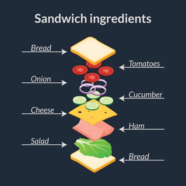 Floating ingredients for a sandwich Vector illustration. Floating ingredients for a sandwich on a black background. Design for the menu, poster, banner cafe fast food. Isometry, 3D. Infographics. sandwich designs stock illustrations