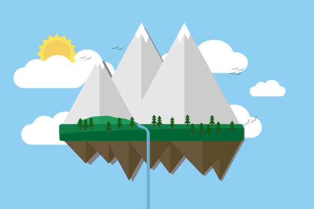 Floating island with mountain, hill, tree and birds. Summer time holiday voyage concept. Illustration in flat style. Travel background. vector art illustration