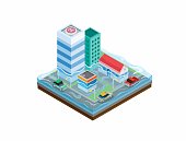 istock Flood city isometric. climate change raining storm impact in town illustration vector 1357814289