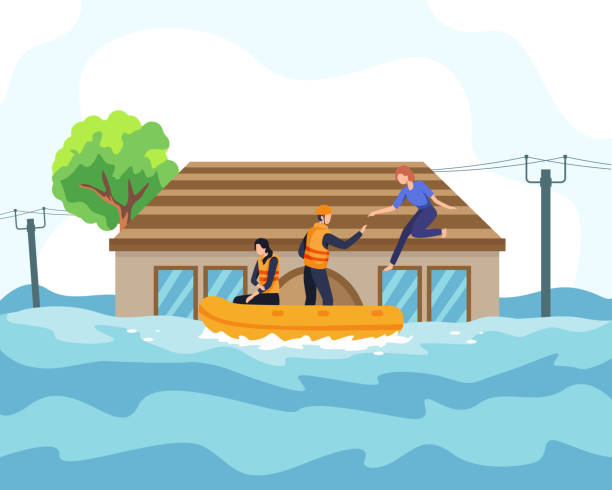 Flood disaster illustration concept Rescuer helped people by boat from sinking house and through flooded road. People saved from flooded area or town, natural disaster concept. Vector in a flat style flood illustrations stock illustrations