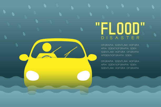 Flood Disaster of man icons pictogram with car design infographic illustration isolated on dark gradient background, with Flood Disaster text and copy space Flood Disaster of man icons pictogram with car design infographic illustration isolated on dark gradient background, with Flood Disaster text and copy space flood illustrations stock illustrations