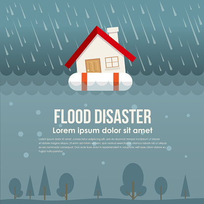 Flood disaster with home on Life ring in flood water and rain vector design