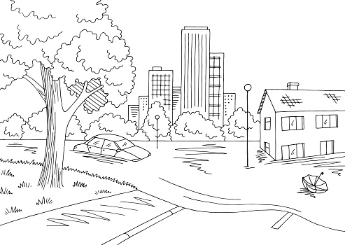 Flood graphic black white landscape city sketch illustration vector