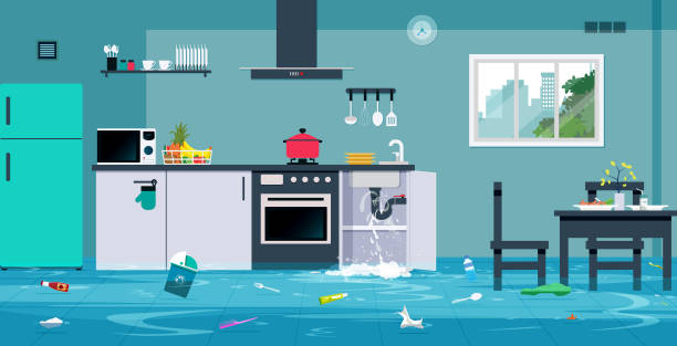 Flood in the kitchen Flood in the kitchen caused by leaking water pipes. flooding stock illustrations
