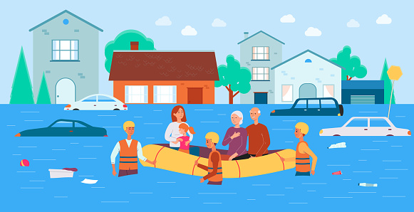Flood rescue banner - cartoon family in boat saved by natural disaster relief team