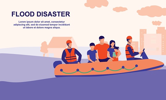 Flood Rescue Teams Helping Family And Children Out Of Floods. Flood And Natural Disaster Concept. Vector Flat Cartoon Illustration.