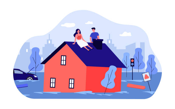 Flood victims sitting on roof of house Flood victims sitting on roof of house. Flat vector illustration. Man and woman waiting for help while car, trees, road signs drowning in water. Emergency, natural disaster, flood, rescue concept flood illustrations stock illustrations