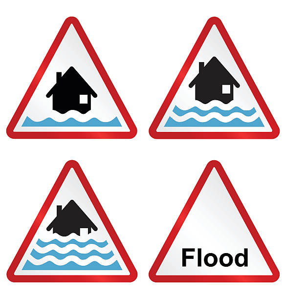 Flood warning sign collection Flood alert flood warning and severe flood warning weather sign collection isolated on white background  flood illustrations stock illustrations