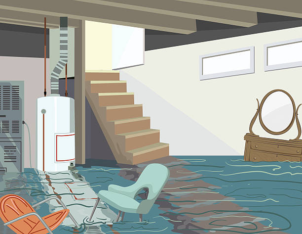 Flooded Basement With Hot Water Tank And Floating Furniture Flooded Basement disaster. Furniture floats on top of the water, There is a furnace and hot water tank in the back and stairs leading to an upper level. The door at the top of the stairs is open. damaged stock illustrations