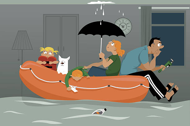 Flooded house Family sitting in an inflatable boat in a flooded living room of their house, ceiling is leaking, EPS 8 vector illustration flood illustrations stock illustrations