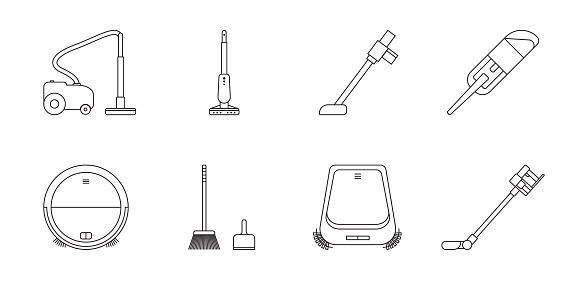 Floor cleaning set - broom, scoop, robot vacuum cleaner. Black and white icon. Vector Illustration