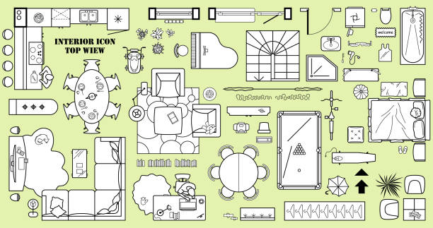 Floor plan icon set in top view for interior design.  Architecture plan with furniture View from above. Floor plan icon set in top view for interior design. 
Architecture plan with furniture View from above. The layout of the apartment, kitchen, living room and bedroom. Vector bed furniture drawings stock illustrations