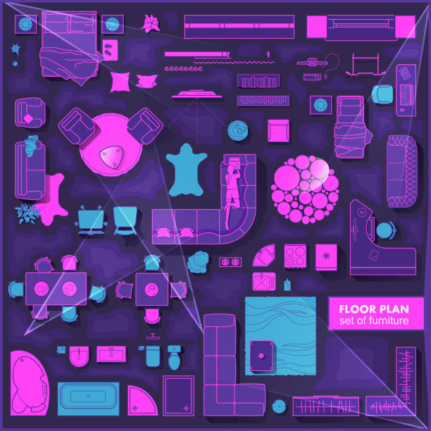ilustrações de stock, clip art, desenhos animados e ícones de floor plan icons set for design interior and architectural project (view from above). furniture thin line icon in top view for layout. blueprint apartment. vector - living room night nobody