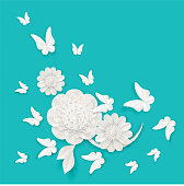 Flora origami elements of luxury white flower and tropical butterflies vector illustration isolated on background, summer poster