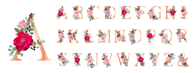 Floral Alphabet. Set letters with botanical bouquet. Wedding invitations, greeting card, birthday, logo, poster other ideas.