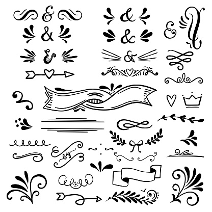 Floral and graphic  design elements with ampersands.Vector set of text dividers for lettering.Doodles border,arrow and decorative hearts.