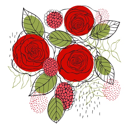 Floral background. Hand drawn red roses.  Sketch  illustration.